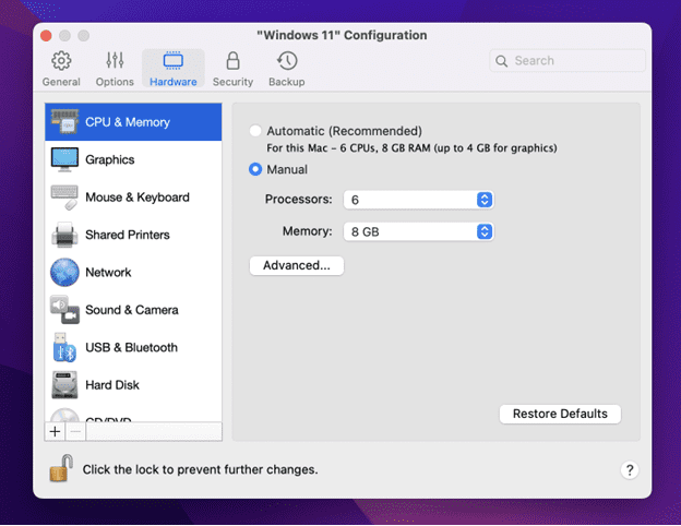 screenshot: adjusting virtual machine settings to allocate sufficient RAM
